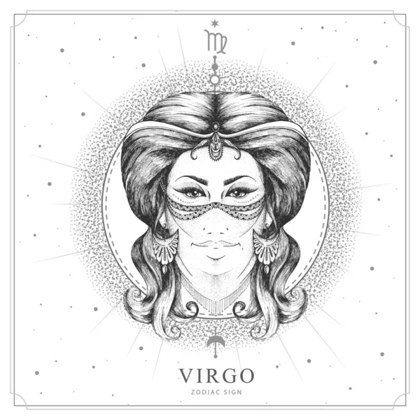 Nowoczesna Magiczna Karta Astrologicznym Znakiem Zodiaku Panny Realistyczny Ręka Rysunek — Wektor stockowy