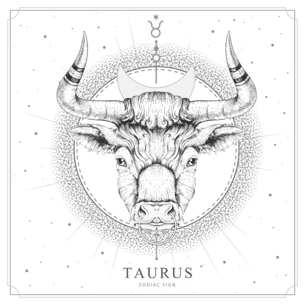 Astroloji burcu Taurus burçlu modern büyü kartı. Gerçekçi el boğa kafası çiziyor.