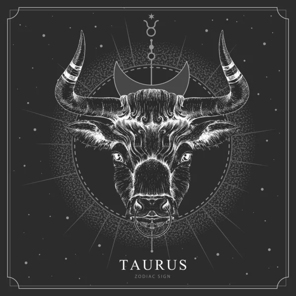 Astroloji burcu Taurus burçlu modern büyü kartı. Gerçekçi el boğa kafası çiziyor.