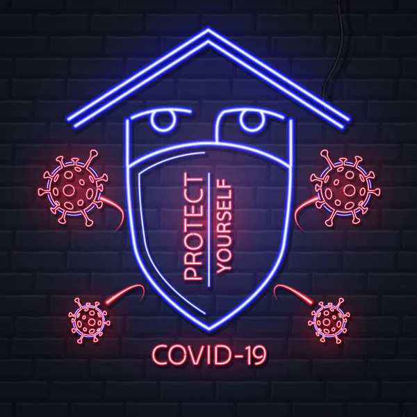 Neon Sign Stop Covid Coronavirus Quarantine Warning Protect Yoursefl Vector — Stock Vector