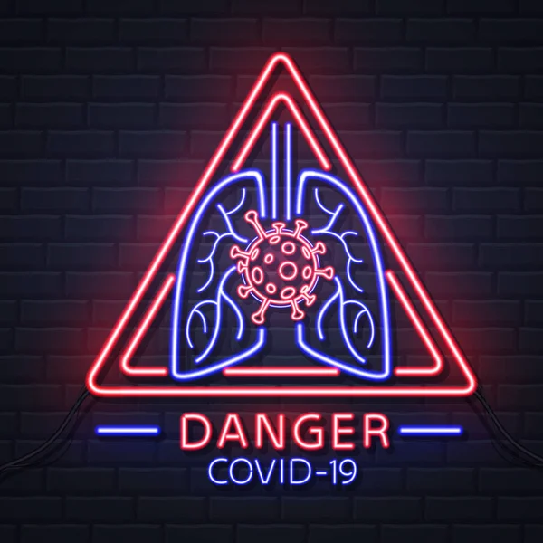 Neon Sign Attention Danger Covid Coronavirus Quarantine Warning Vector Illustration — Stock Vector