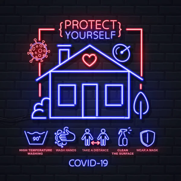 Neon Sign Covid Protection Methods Coronavirus Quarantine Warning Vector Illustration — Stock Vector