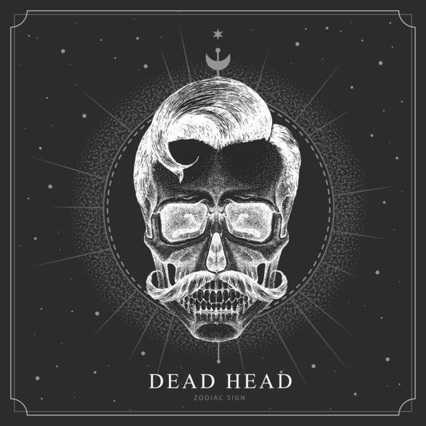 Astroloji insan kafatası işaretli modern büyü kartı. Gerçekçi el ölü kafayı çekiyor.