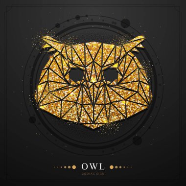 İçinde astroloji, çokgen altın baykuş burcu olan modern büyü kartı. Siyah arkaplanda çokgen altın baykuş başı