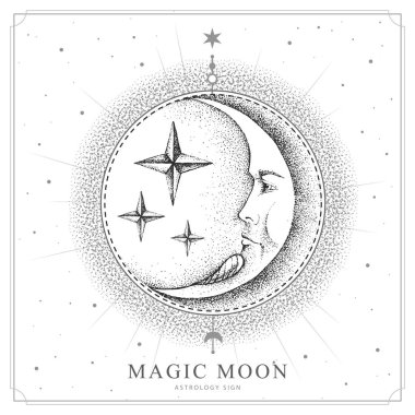Astroloji ay işaretli, insan yüzlü modern sihir kartı. İnsan yüzlü Ay 'ın gerçekçi el çizimi