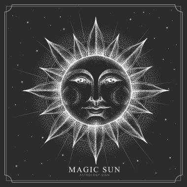 Astroloji güneş işaretli, insan yüzlü modern büyü kartı. Gerçekçi el insan yüzüyle güneşi resmediyor.