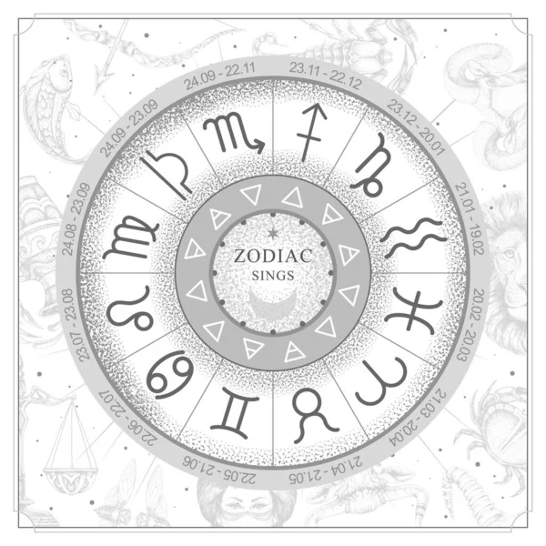 Astrologi Hjul Med Zodiak Tecken Konstellation Karta Bakgrund Realistisk Illustration — Stock vektor