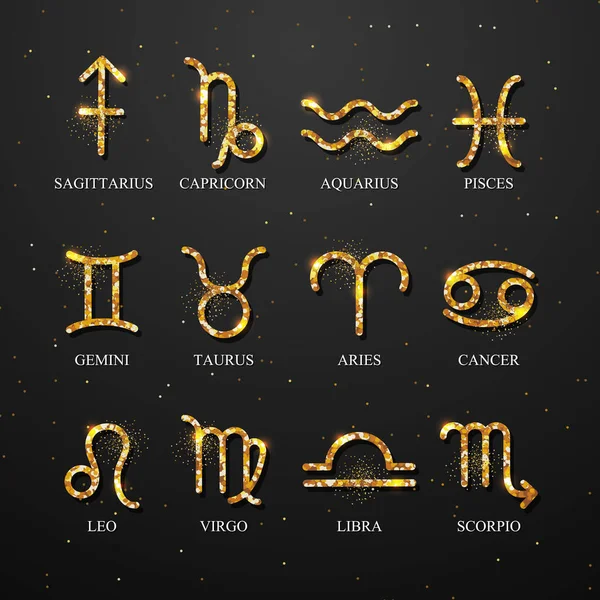 Набор Астрологических Золотых Знаков Зодиака Темном Черном Фоне Векторная Иллюстрация — стоковый вектор