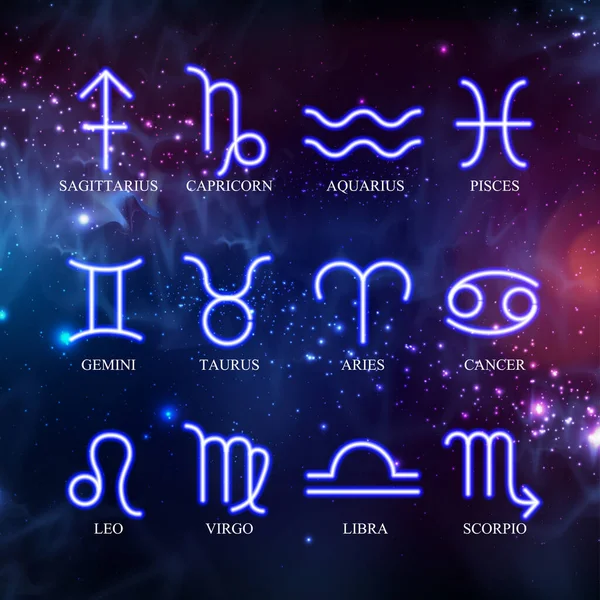 Uzayın Arka Planında Bir Dizi Astroloji Neon Burç Işaretleri Vektör — Stok Vektör