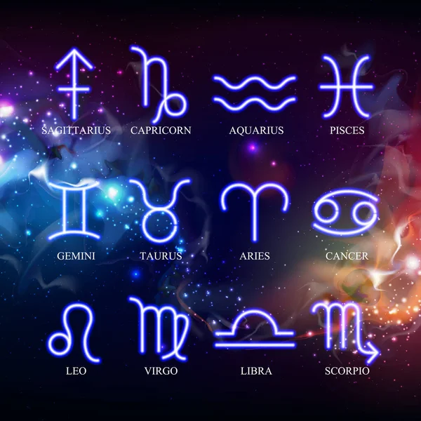 Reeks Astrologie Neon Dierenriemtekens Achtergrond Van Ruimte Vectorillustratie — Stockvector