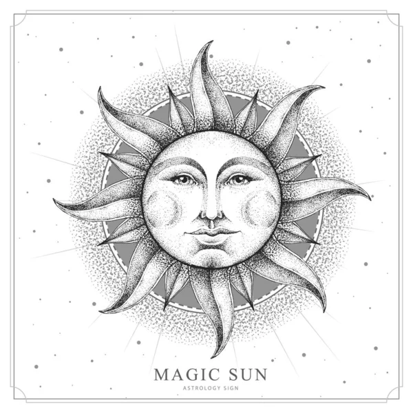 带有人脸占星术太阳符号的现代魔法巫术卡 现实的人脸太阳手绘图解 — 图库矢量图片