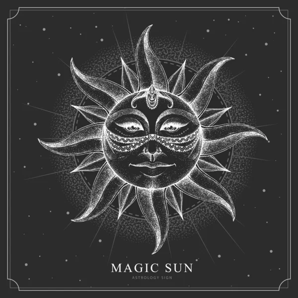人間の顔を持つ占星術の太陽のサインと現代の魔法の魔女カード 人間の顔をした太陽の写実的な手描きイラスト — ストックベクタ