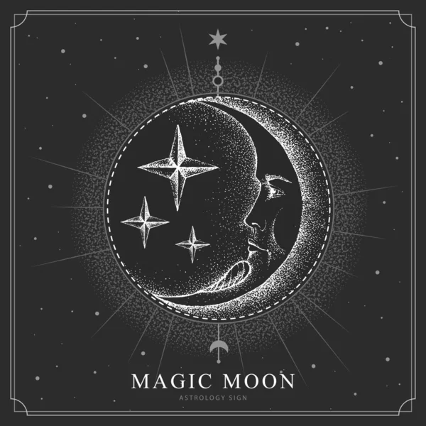 Moderne Zauberkarte Mit Astrologie Mondzeichen Mit Menschlichem Antlitz Realistische Handzeichnung — Stockvektor