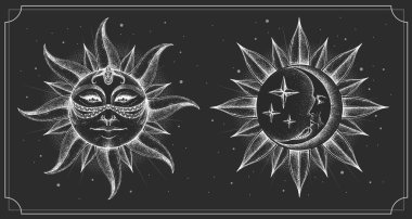 Astroloji güneşi ve insan yüzlü ay işareti olan modern büyü kartı. Gündüz ve gece. Gerçekçi el insan yüzüyle güneş ve ayın çizimi