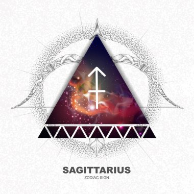 Uzay arka planında yay burcu işareti olan modern büyü cadılığı kartı. Gerçekçi el çizimi Yay ve ok çizimi