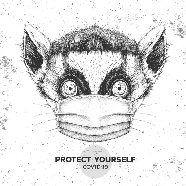 Animal Lemur Wearing Face Medical Mask Covid Protection Methods Coronavirus — Stock Vector