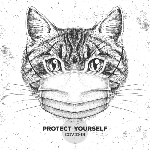 Animal Cat Wearing Face Medical Mask Covid Protection Methods Coronavirus — Stock Vector