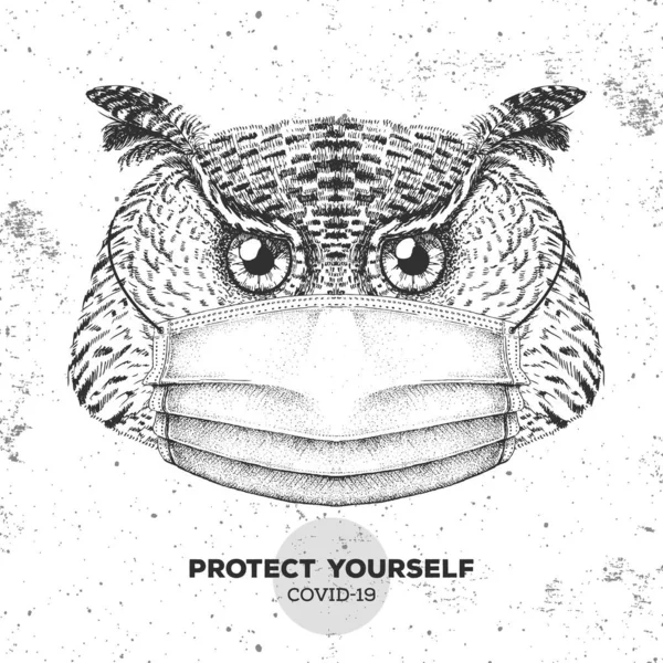 Hand Drawing Bird Owl Wearing Face Medical Mask Covid Protection — Stock Vector