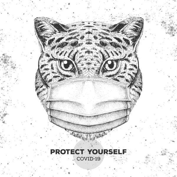 Hand Drawing Animal Cheetah Wearing Face Medical Mask Covid Protection — Stock Vector