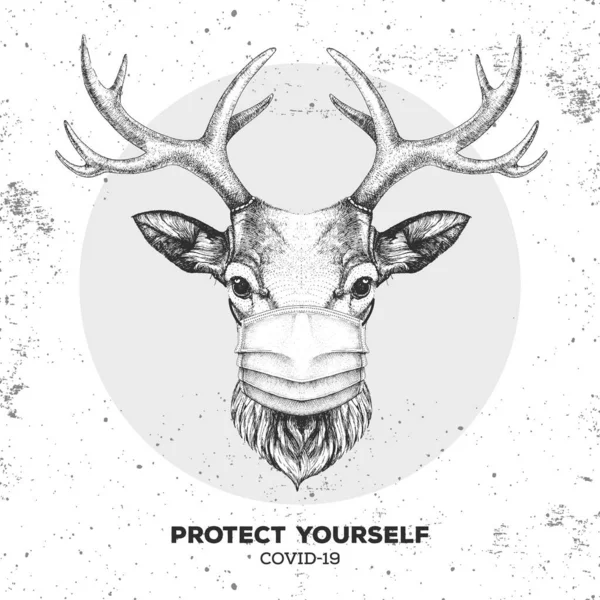 Hand Drawing Animal Deer Wearing Face Medical Mask Covid Protection — Stock Vector