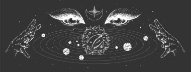 Güneş sistemi ve falcı gözlü modern büyü kartı. El resmi okült illüstrasyon