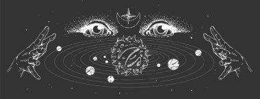Güneş sistemi ve falcı gözlü modern büyü kartı. El resmi okült illüstrasyon