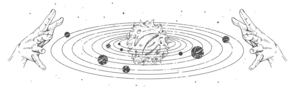 Tarjeta Brujería Mágica Moderna Con Sistema Solar Manos Humanas Dibujo — Archivo Imágenes Vectoriales