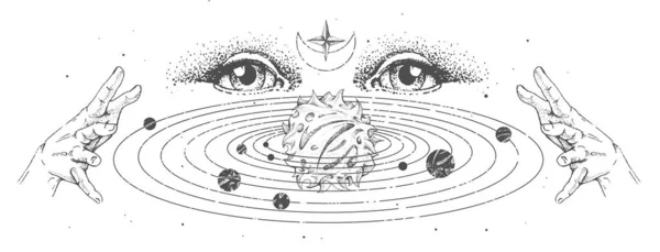 具有太阳系和算命师眼睛的现代魔法巫术卡 手绘神秘图解 — 图库矢量图片
