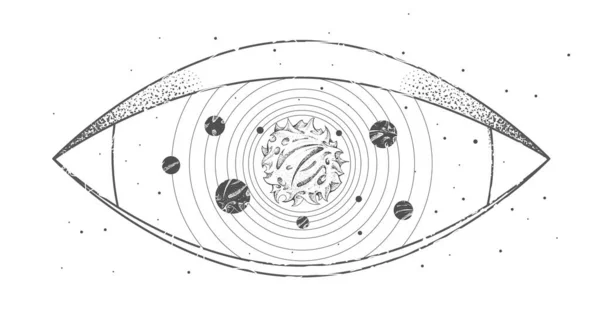 Moderne Zauberkarte Mit Sonnensystem Und Allsehendem Auge Handzeichnung Okkulte Illustration — Stockvektor