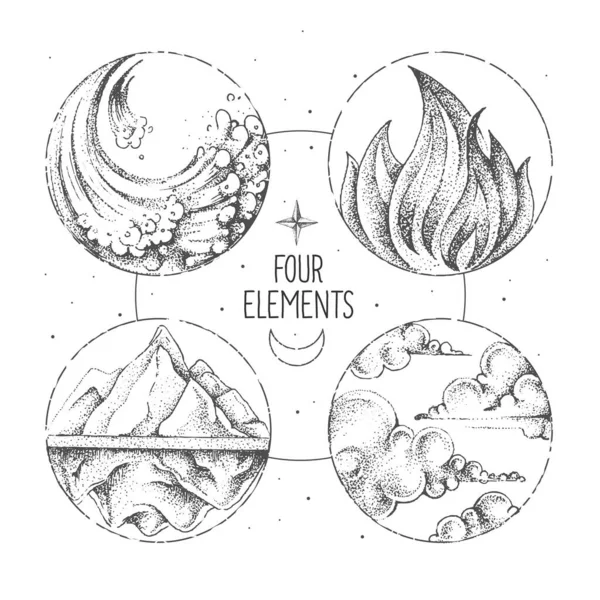 4つの要素を持つ現代の魔法の魔女カード 手描き水 空気のオカルトイラスト — ストックベクタ