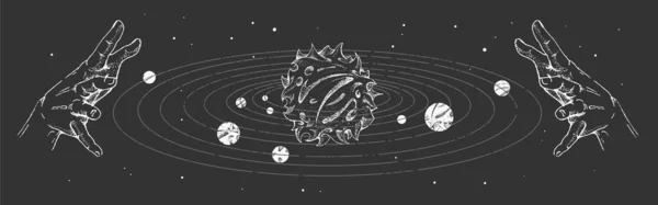 太陽系と人間の手で現代の魔法の魔術カード 手描きオカルトイラスト — ストックベクタ