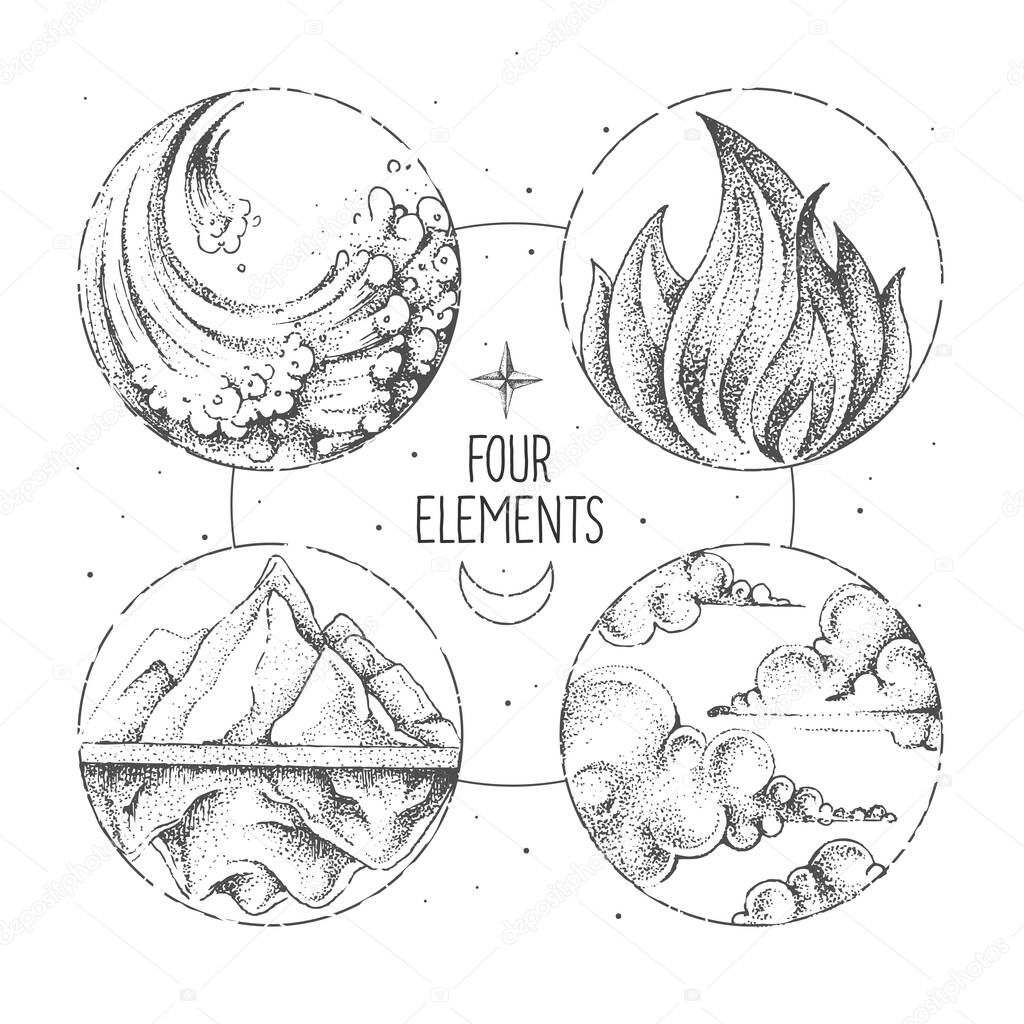 Modern magic witchcraft card with  four elements. Hand drawing occult illustration of water, earth, fire, air