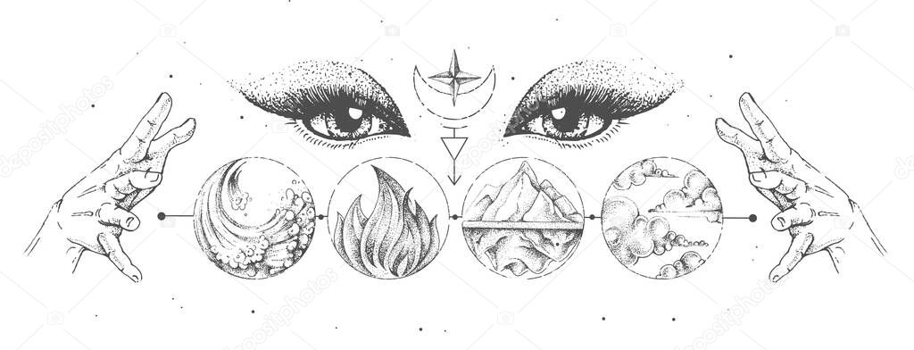 Modern magic witchcraft card with solar system, four elements and fortune teller eyes. Hand drawing occult illustration of water, earth, fire, air