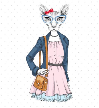 Retro Hipster moda hayvan sfenks kedisi. Kadın model