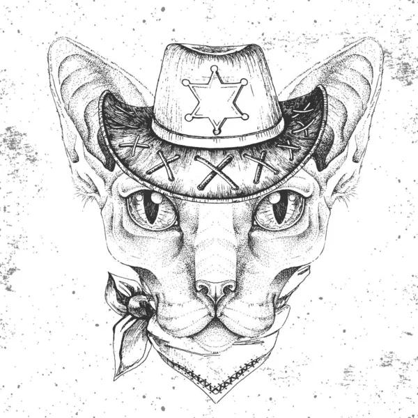 Retro Hipster animal sphynx cat with sheriff's hat. Hand drawing Muzzle of animal sphynx cat