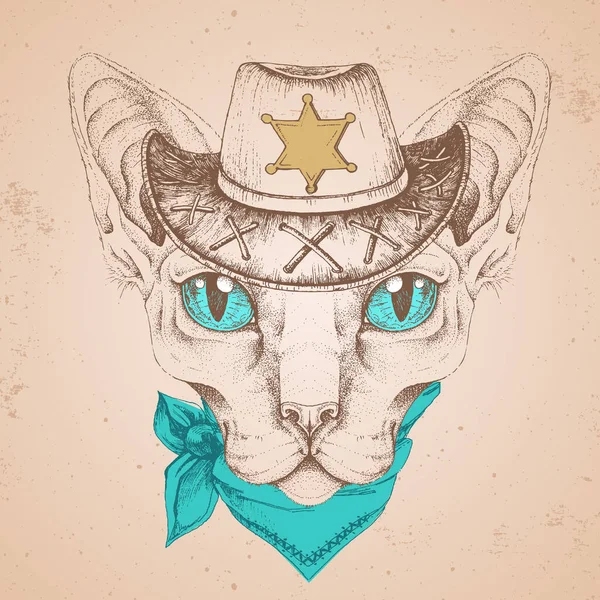 Retro Hipster Tier Sphynx Katze Mit Sheriffhut Handzeichnung Maulkorb Der — Stockvektor