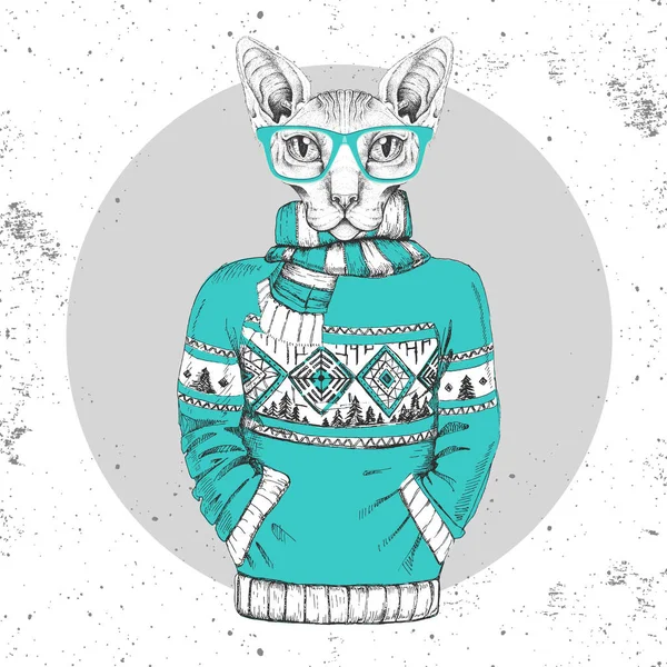 Ретро Хипстерский Модный Кот Сфинкс Одетый Пуловер — стоковый вектор