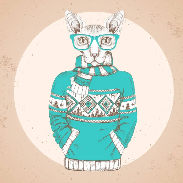 Retro Hipster Mode Tier Sphynx Katze Verkleidet Pullover — Stockvektor