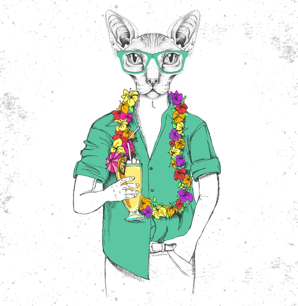 Gatto Retrò Hipster Animale Sfinge Con Cocktail Tropicale — Vettoriale Stock