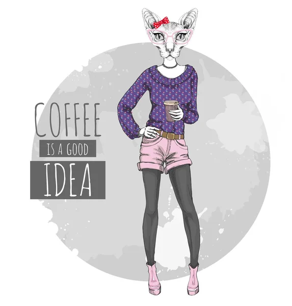 Retro Hipster Moda Animal Sphynx Gato Con Café Modelo Mujer — Archivo Imágenes Vectoriales