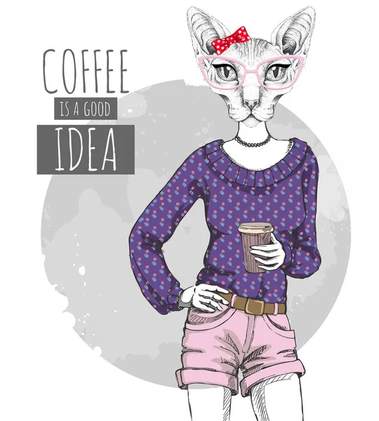 レトロヒップスターファッション動物Sphynx猫とコーヒー 女性モデル — ストックベクタ