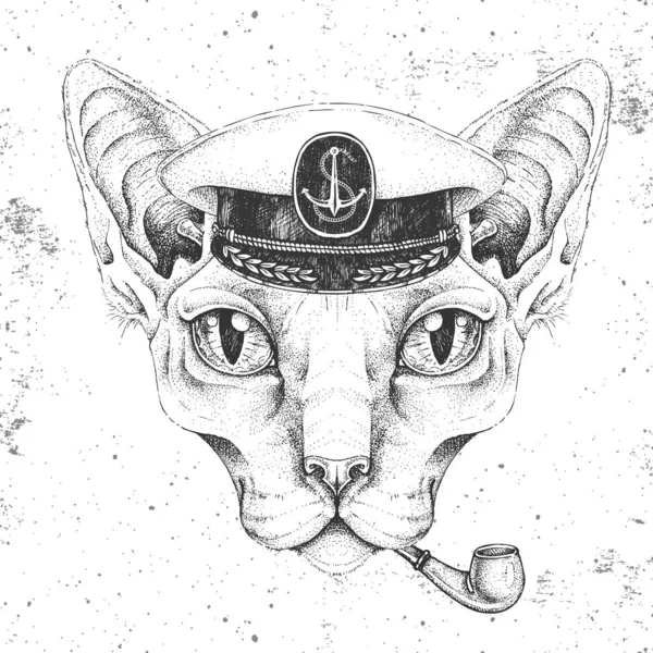 Hipster Tier Sphynx Katze Kapitänsmütze Und Pfeife Rauchend Handzeichnung Maulkorb — Stockvektor