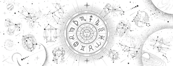 Astrologi Hjul Med Zodiak Tecken Konstellation Karta Bakgrund Realistisk Illustration — Stock vektor