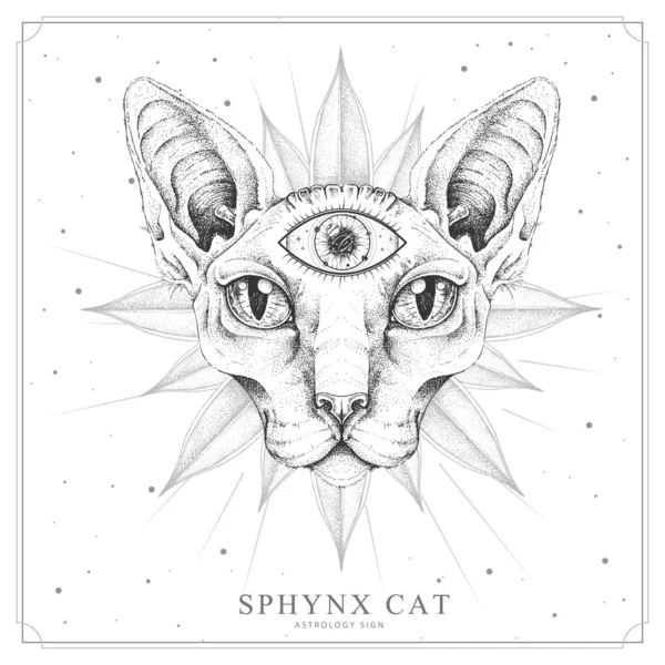 Moderne Zauberkarte Mit Sphinx Katze Und Allsehendem Auge Realistische Handzeichnung — Stockvektor