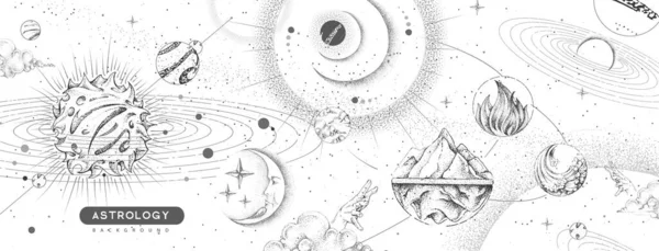 现代魔法魔法卡与太阳系 四个元素和算命师的眼睛 手工绘制水 空的神秘矢量图解 — 图库矢量图片