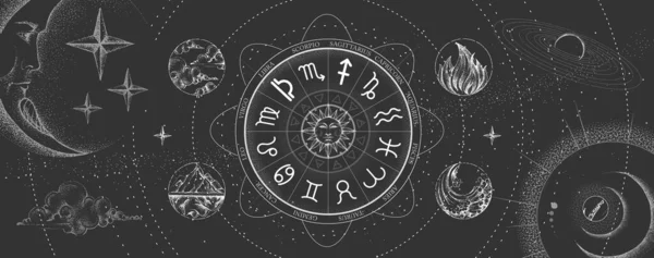 Roata Astrologică Semne Zodiacale Fundalul Spațiului Exterior Patru Elemente Harta — Vector de stoc