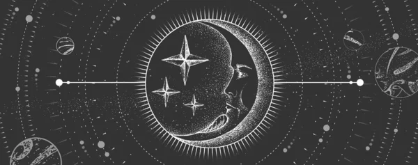 人間の顔を持つ占星術の月の記号と現代の魔法の魔術カード 現実的な手描きベクトルイラスト — ストックベクタ