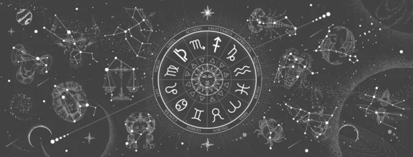 Rueda Astrología Con Signos Del Zodiaco Fondo Del Mapa Constelación — Vector de stock