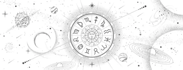 Rueda Astrología Con Signos Del Zodíaco Fondo Del Espacio Exterior — Vector de stock