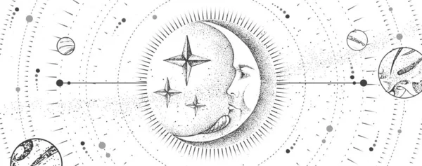Modern Magi Trolldom Kort Med Astrologi Måntecken Med Mänskligt Ansikte — Stock vektor